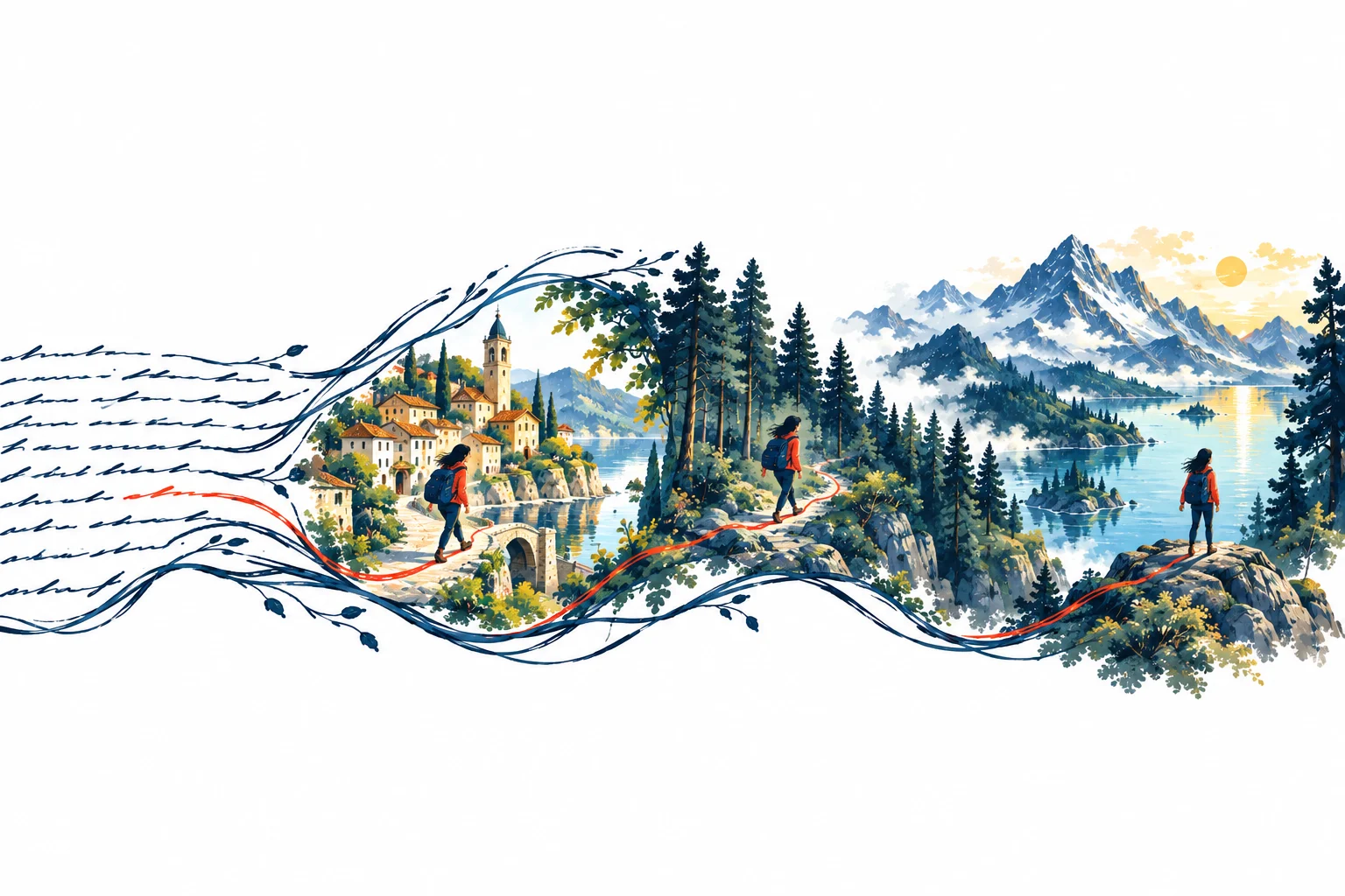 Written lines unfold into a continuous illustrated journey: the same traveler crosses a village, a forest, and an alpine lake, connected by a coral path.