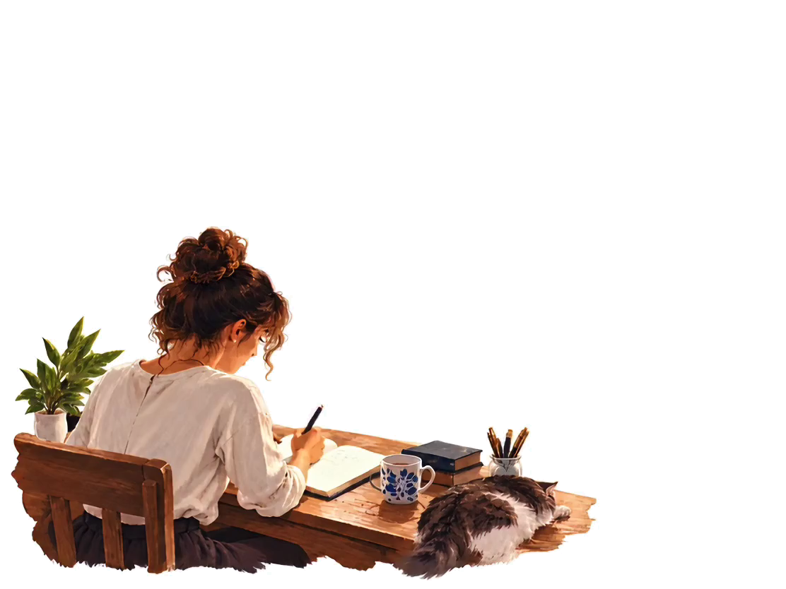 A writer’s pages unfold into a painted coastal world of villages, mountains, and sea.